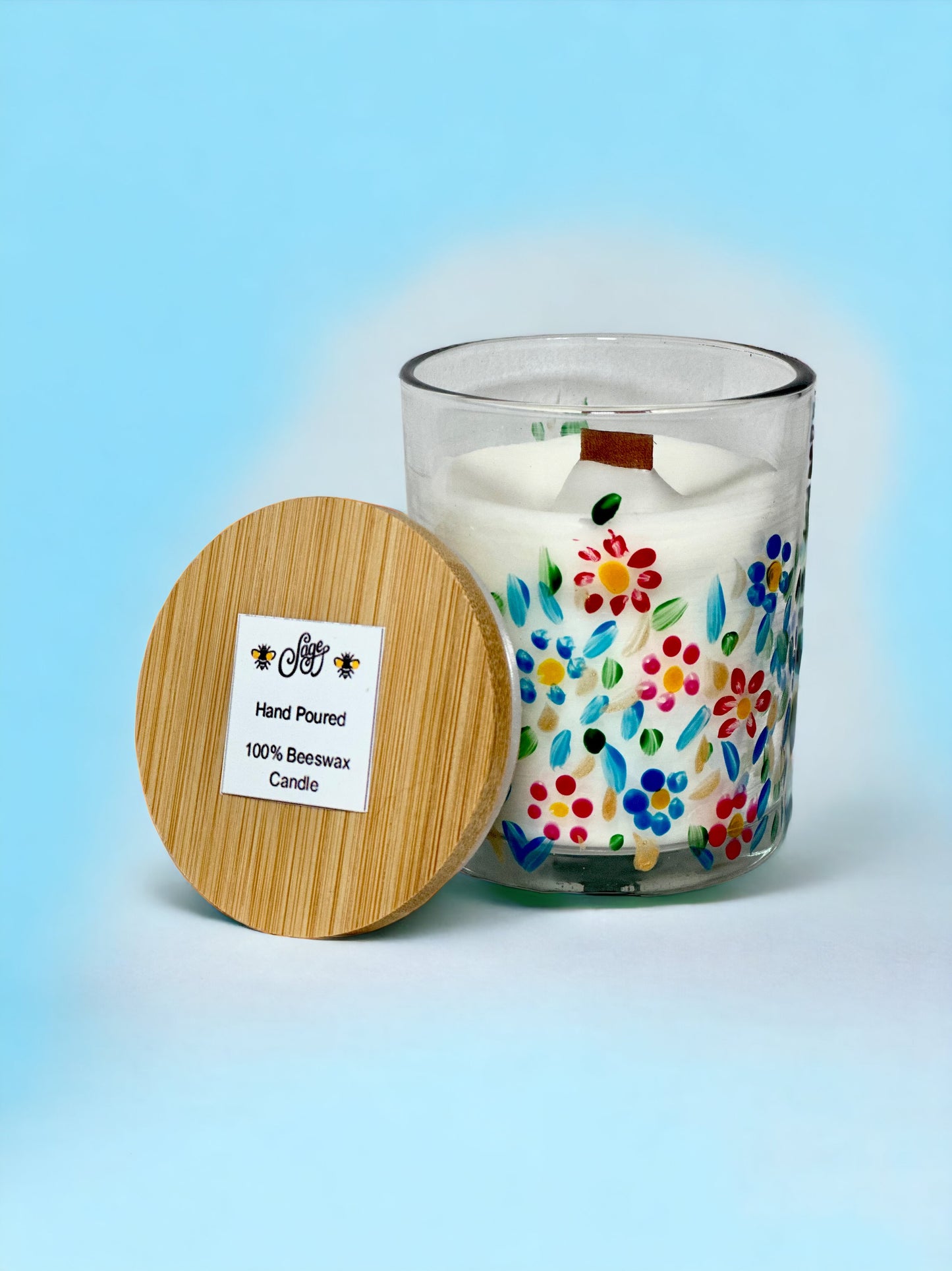 Beeswax Candles - 6 oz - Hand-painted glass container
