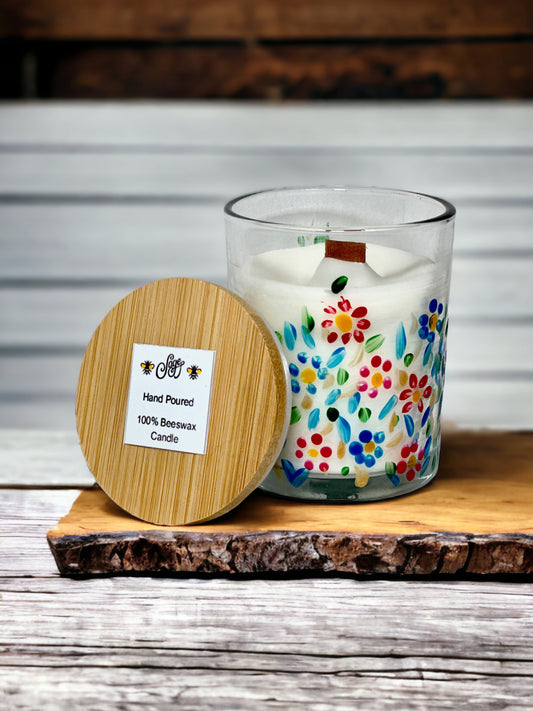 Beeswax Candles - 6 oz - Hand-painted glass container